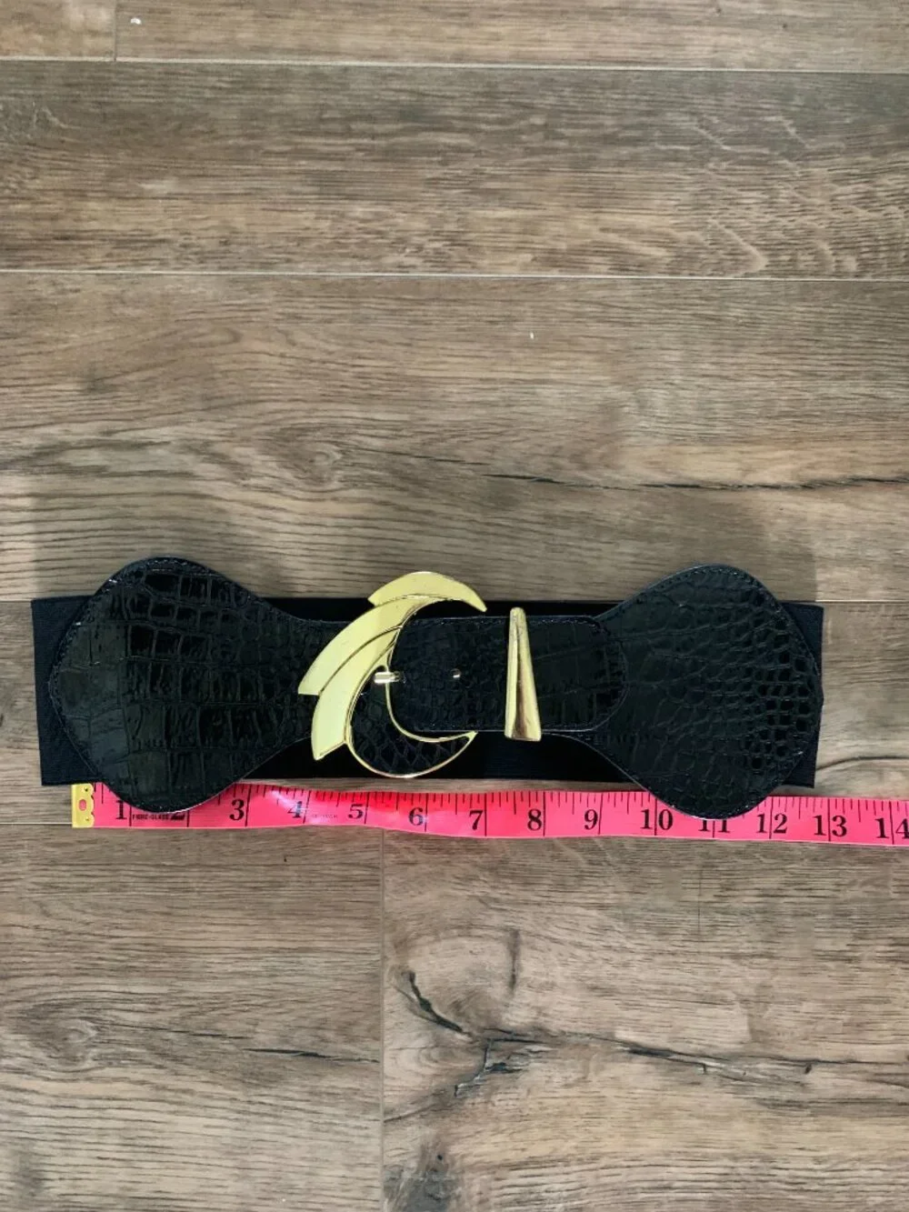 Vtg Wide Statement Belt Black Elastic Croc Embossed Faux Leather Gold Buckle Y2K